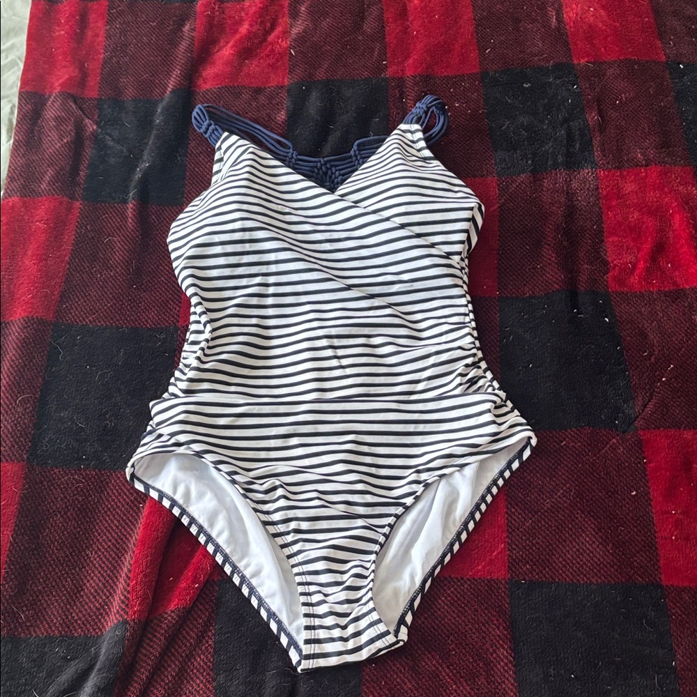 Kona Sol Striped Blue and White One Piece Swim Suit